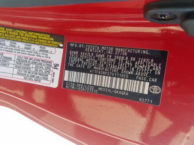 4T1FA38P27U111920 - 2007 TOYOTA CAMRY SOLARA SE  photo 10