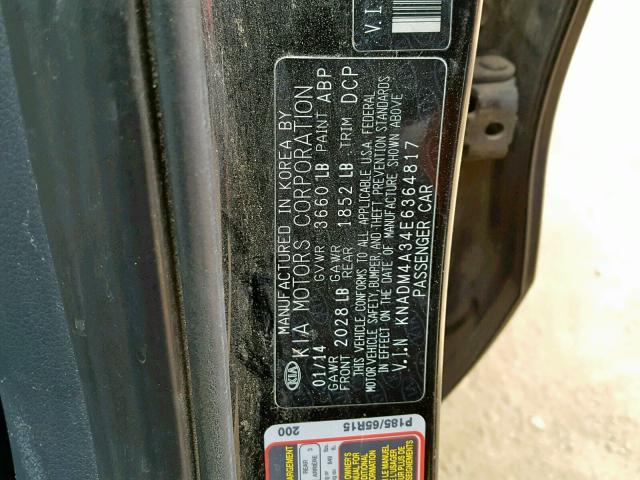 KNADM4A34E6364817 - 2014 KIA RIO LX BLACK photo 10