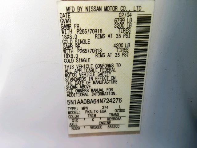 5N1AA08A64N724276 - 2004 NISSAN ARMADA SE WHITE photo 10