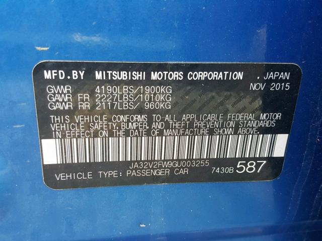 JA32V2FW9GU003255 - 2016 MITSUBISHI LANCER ES BLUE photo 10