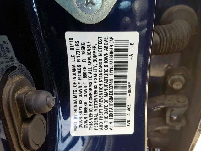 19XFA1F60AE033744 - 2010 HONDA CIVIC LX-S أزرق صورة 10