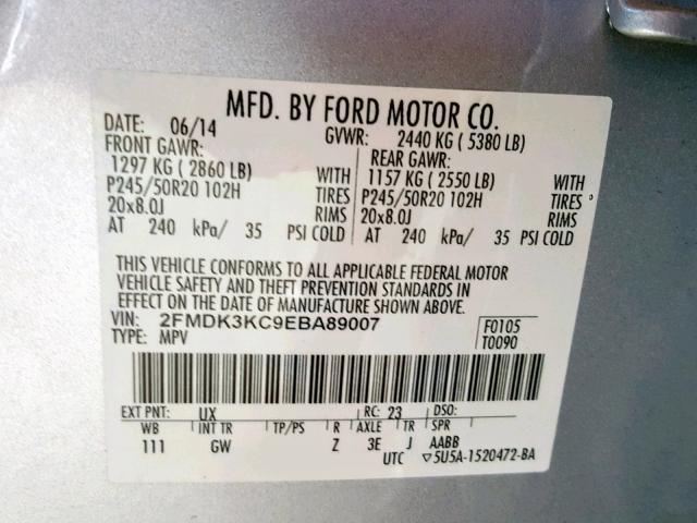 2FMDK3KC9EBA89007 - 2014 FORD EDGE LIMIT SILVER photo 10