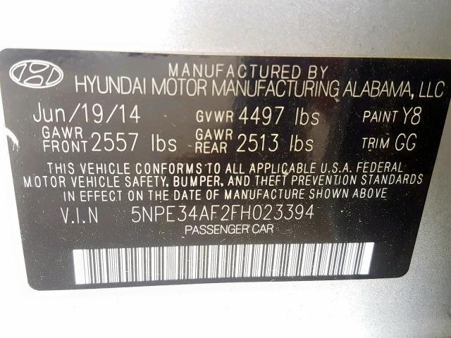 5NPE34AF2FH023394 - 2015 HYUNDAI SONATA SPO SILVER photo 10