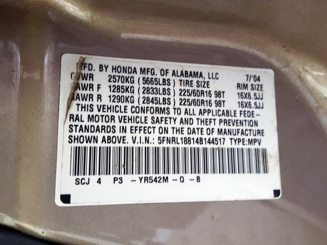 5FNRL18814B144517 - 2004 HONDA ODYSSEY EX  photo 10