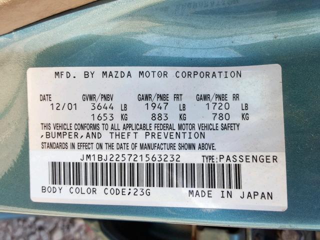 JM1BJ225721563232 - 2002 MAZDA PROTEGE DX TEAL photo 10