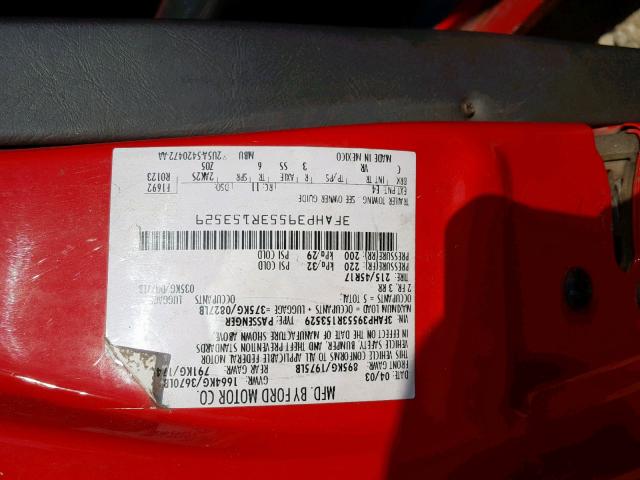 3FAHP39553R153529 - 2003 FORD FOCUS SVT RED photo 10