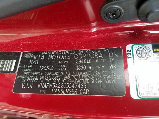 KNAFW5A32C5547435 - 2012 KIA FORTE SX RED photo 10