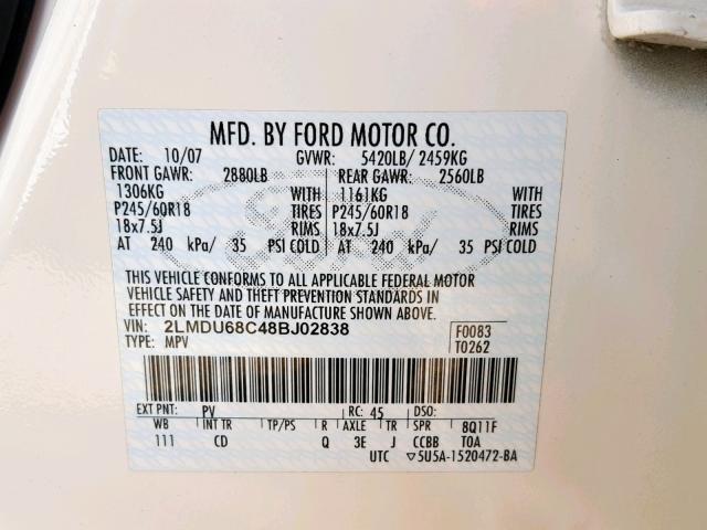 2LMDU68C48BJ02838 - 2008 LINCOLN MKX CREAM photo 10