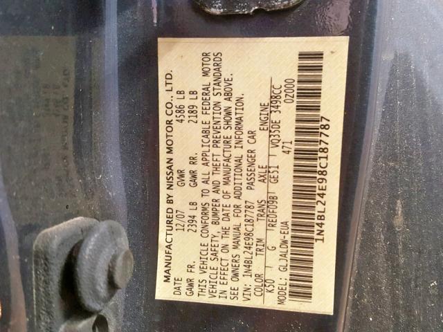 1N4BL24E98C187787 - 2008 NISSAN ALTIMA 3.5 SILVER photo 10