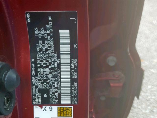 JTEGD21A660151712 - 2006 TOYOTA HIGHLANDER BURGUNDY photo 10