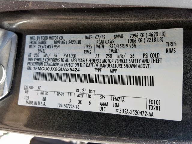 1FMCU0JX0GUA35424 - 2016 FORD ESCAPE TIT GRAY photo 10