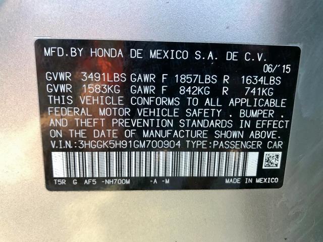 3HGGK5H91GM700904 - 2016 HONDA FIT EX SILVER photo 10