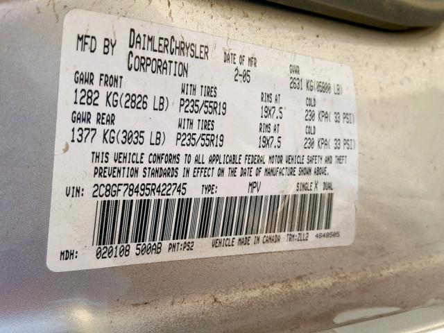 2C8GF78495R422745 - 2005 CHRYSLER PACIFICA L GRAY photo 10