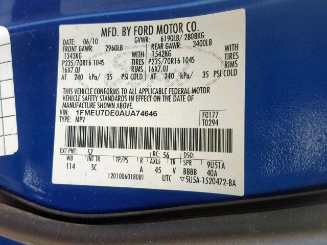 1FMEU7DE0AUA74646 - 2010 FORD EXPLORER X BLUE photo 10