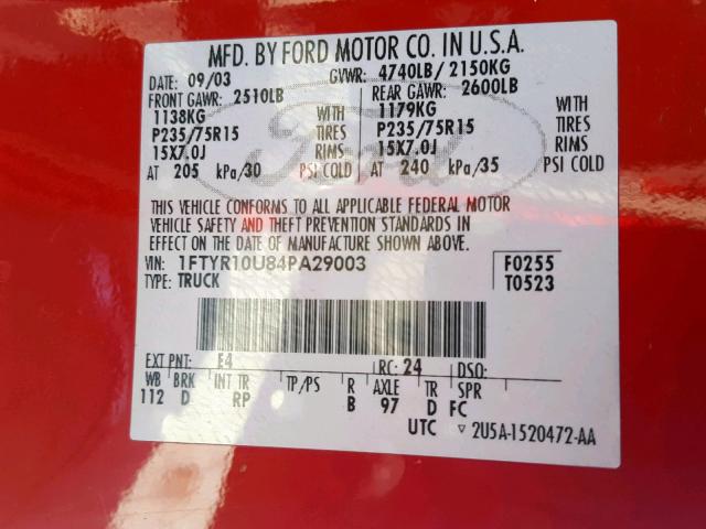 1FTYR10U84PA29003 - 2004 FORD RANGER RED photo 10