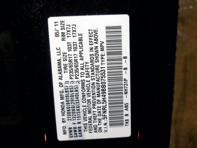 5FNRL5H49BB075531 - 2011 HONDA ODYSSEY EX  photo 10