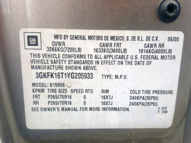 3GKFK16T1YG205933 - 2000 GMC YUKON XL K GRAY photo 10