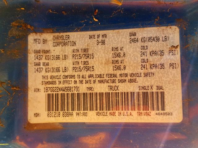 1B7GG22X4WS681731 - 1998 DODGE DAKOTA BLUE photo 10