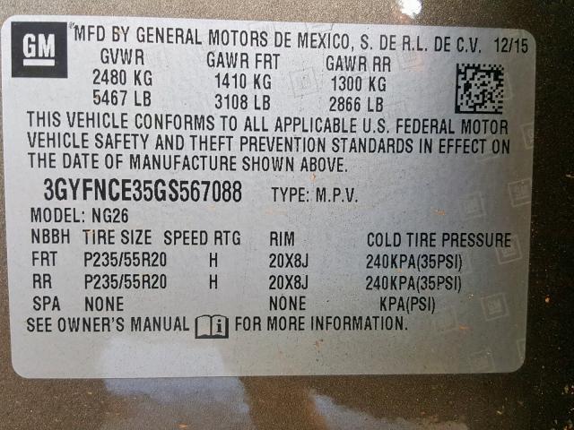 3GYFNCE35GS567088 - 2016 CADILLAC SRX PERFOR 棕色 照片 10