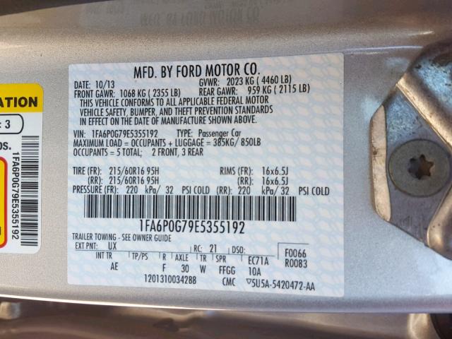 1FA6P0G79E5355192 - 2014 FORD FUSION S GRAY photo 10