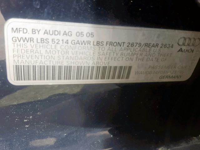 WAUDG74F05N123115 - 2005 AUDI A6 3.2 QUA BLUE photo 10