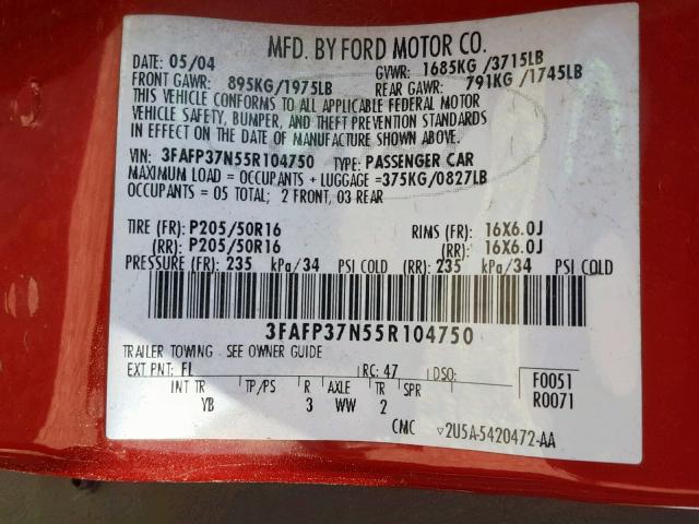 3FAFP37N55R104750 - 2005 FORD FOCUS ZX5 RED photo 10