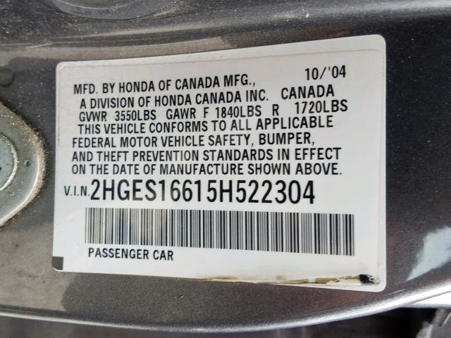 2HGES16615H522304 - 2005 HONDA CIVIC LX BROWN photo 10