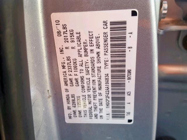 1HGCP2F42AA194834 - 2010 HONDA ACCORD LXP SILVER photo 10