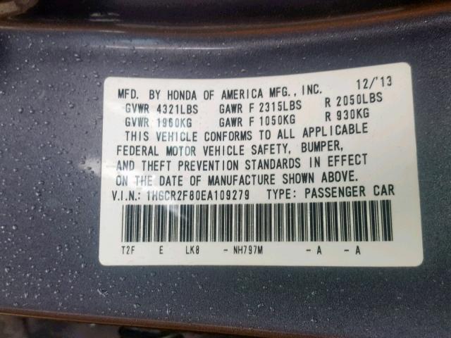 1HGCR2F80EA109279 - 2014 HONDA ACCORD EXL GRAY photo 10