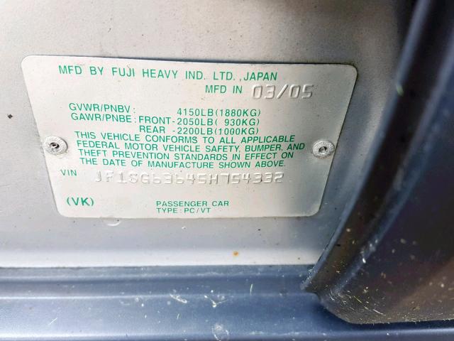 JF1SG63645H754332 - 2005 SUBARU FORESTER 2 SILVER photo 10