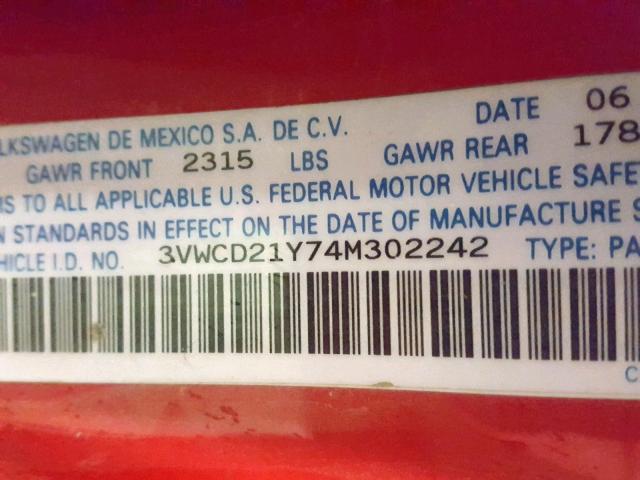 3VWCD21Y74M302242 - 2004 VOLKSWAGEN NEW BEETLE წითელი ფოტო 10