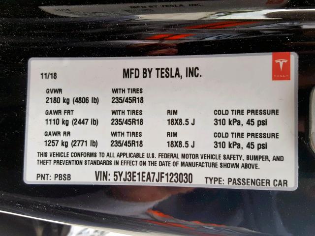 5YJ3E1EA7JF123030 - 2018 TESLA MODEL 3 BLACK photo 10