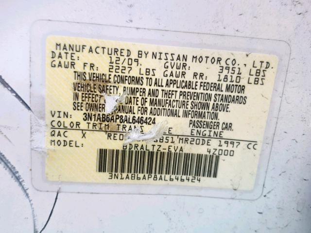 3N1AB6AP8AL646424 - 2010 NISSAN SENTRA 2.0 WHITE photo 10