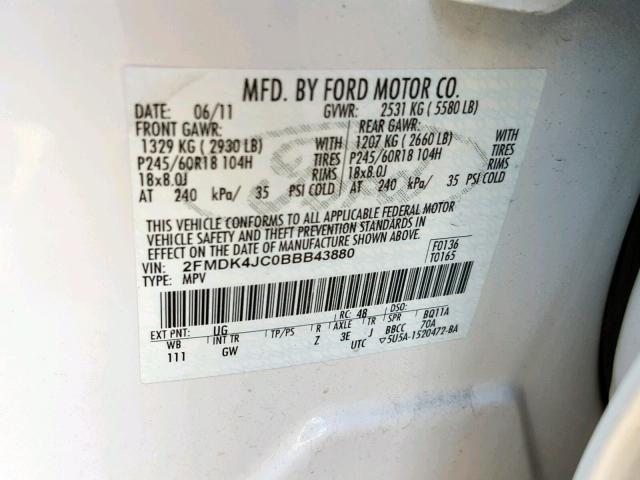 2FMDK4JC0BBB43880 - 2011 FORD EDGE SEL WHITE photo 10