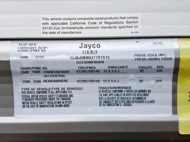 1UJBJ0BN9J17V1513 - 2018 JAYCO JAYFLIGHT  WHITE photo 10