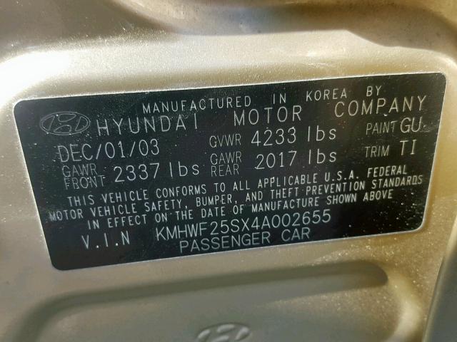 KMHWF25SX4A002655 - 2004 HYUNDAI SONATA GL GOLD photo 10