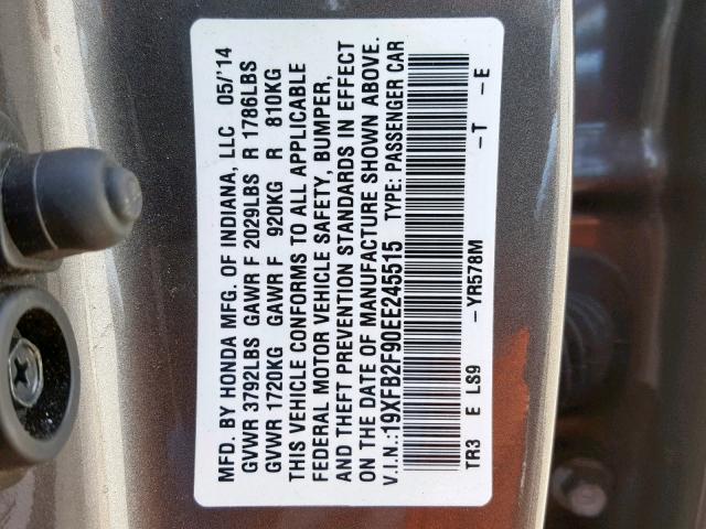 19XFB2F90EE245515 - 2014 HONDA CIVIC EXL GRAY photo 10