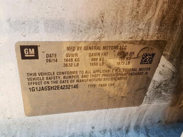 1G1JA6SH2E4232146 - 2014 CHEVROLET SONIC LS WHITE photo 10