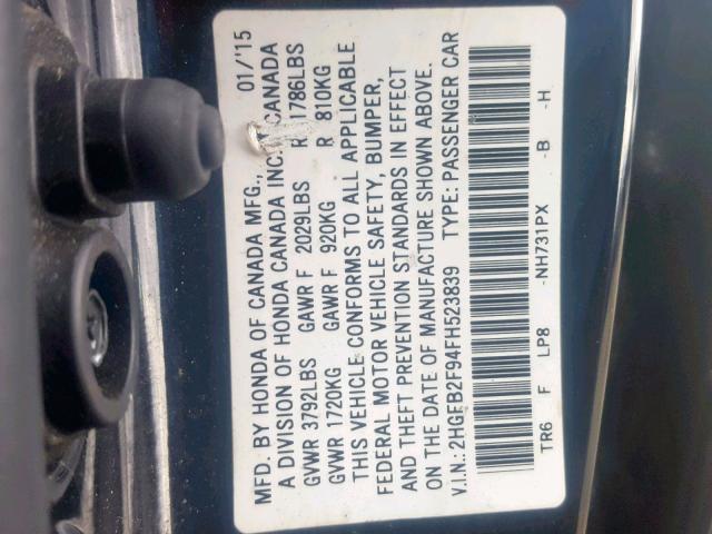 2HGFB2F94FH523839 - 2015 HONDA CIVIC EXL BLACK photo 10