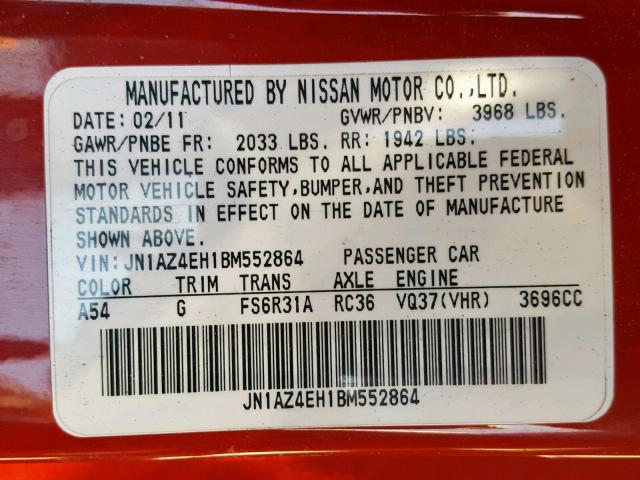 JN1AZ4EH1BM552864 - 2011 NISSAN 370Z BASE RED photo 10