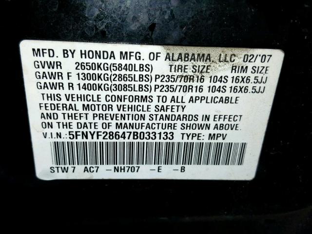 5FNYF28647B033133 - 2007 HONDA PILOT EXL BLACK photo 10