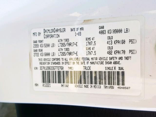 3D7KU28633G772760 - 2003 DODGE RAM 2500 S თეთრი ფოტო 10