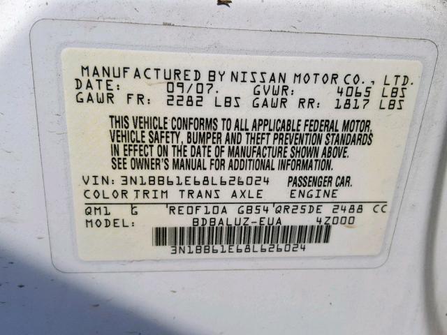 3N1BB61E68L626024 - 2008 NISSAN SENTRA SE- WHITE photo 10