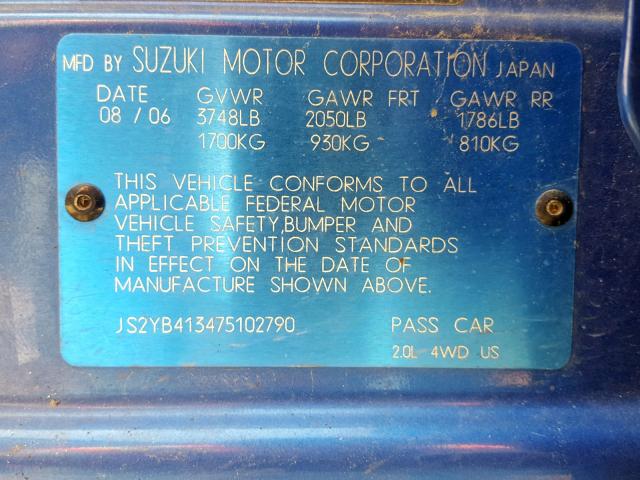 JS2YB413475102790 - 2007 SUZUKI SX4 BLUE photo 10