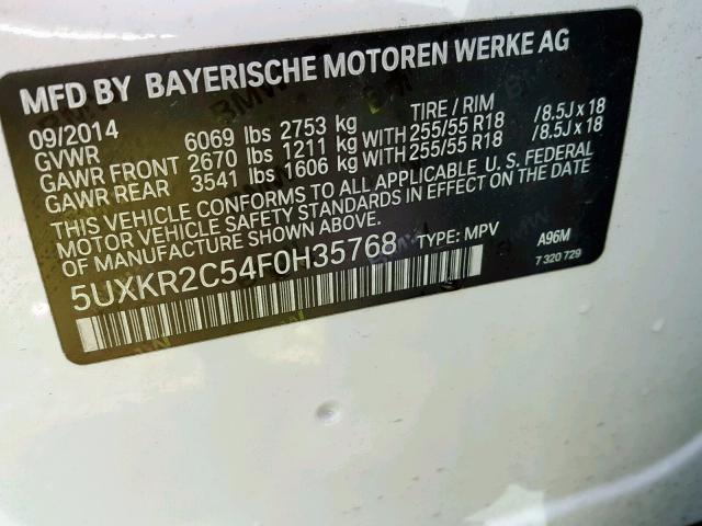 5UXKR2C54F0H35768 - 2015 BMW X5 SDRIVE3 WHITE photo 10