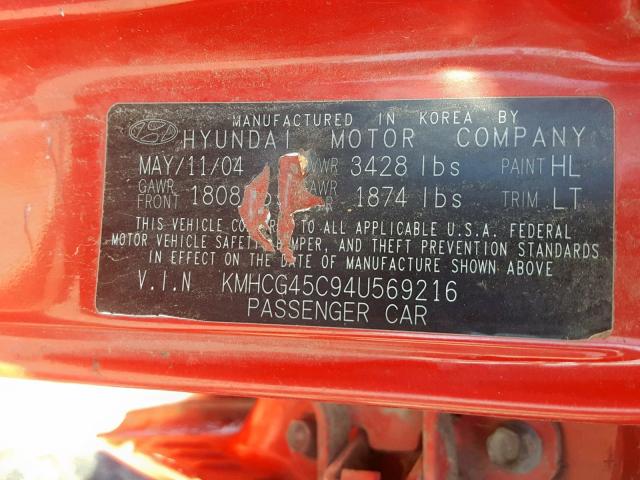 KMHCG45C94U569216 - 2004 HYUNDAI ACCENT GL RED photo 10