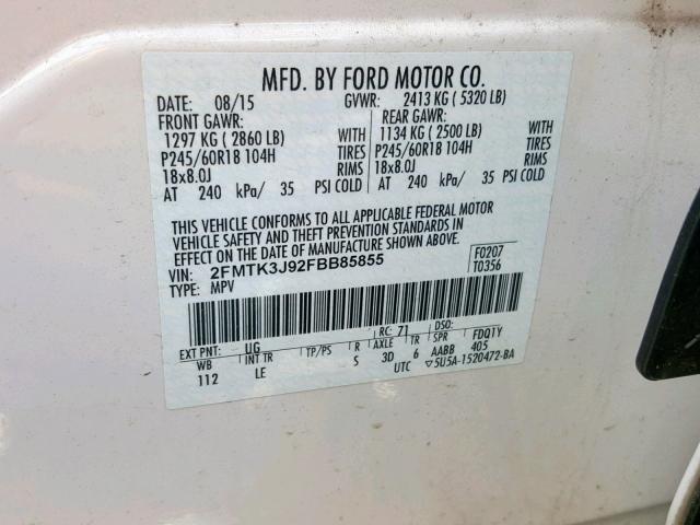 2FMTK3J92FBB85855 - 2015 FORD EDGE SEL WHITE photo 10