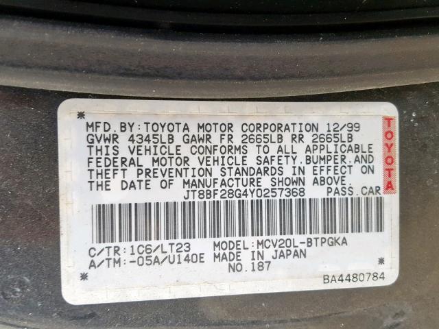 JT8BF28G4Y0257368 - 2000 LEXUS ES 300 GRAY photo 10