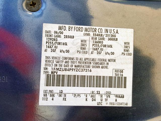 1FMZU84P9YZC37316 - 2000 FORD EXPLORER E BLUE photo 10