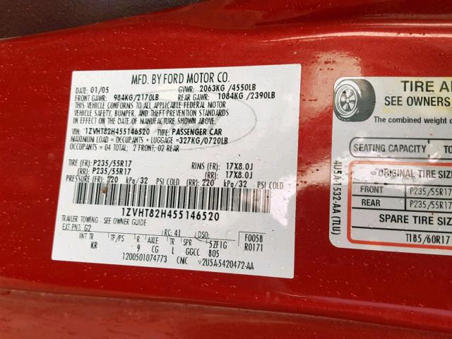 1ZVHT82H455146520 - 2005 FORD MUSTANG GT RED photo 10